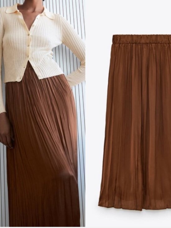 ZARA WOMAN Brown Flowy Lightweight Crinkle Effect Midi to Maxi Skirt Size Medium - Picture 1 of 9